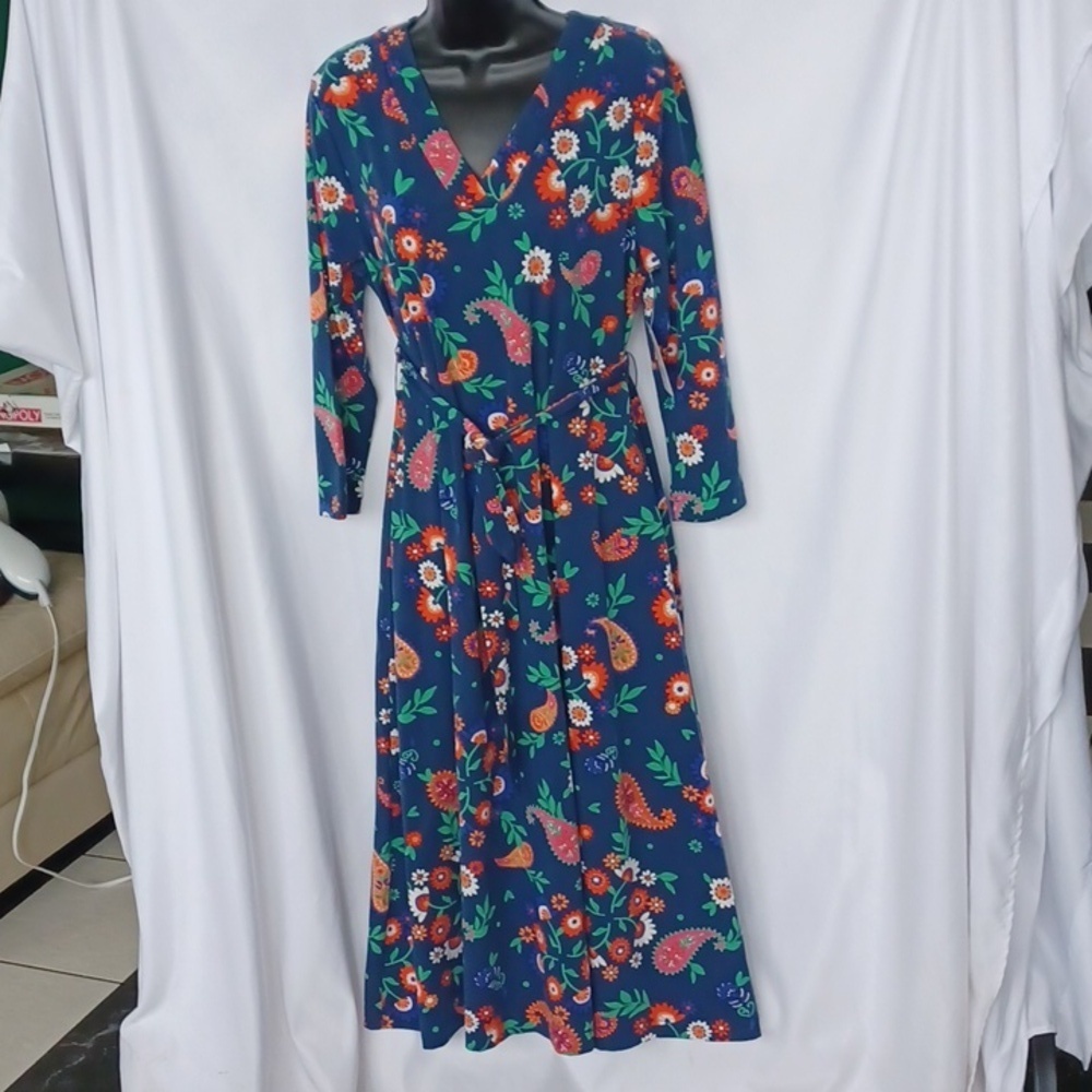 Croft & Barrow navy blue green orange pink red floral dress, Sz M, 19" PTP, 46"L